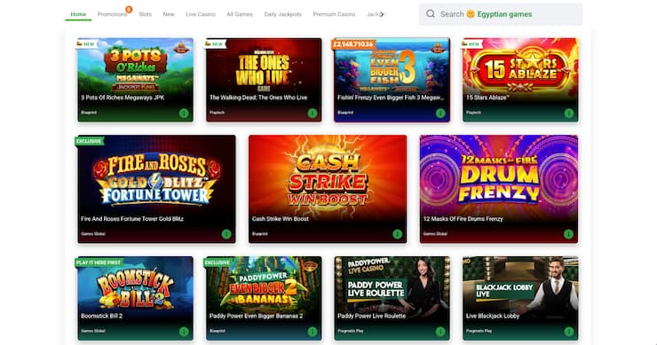 Paddy Power Casino homepage displaying slots and live games, one of the UK casinos not on GamStop with PayPal.