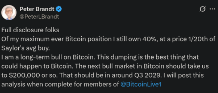 Peter Brandt X post about a $200K Bitcoin price prediction