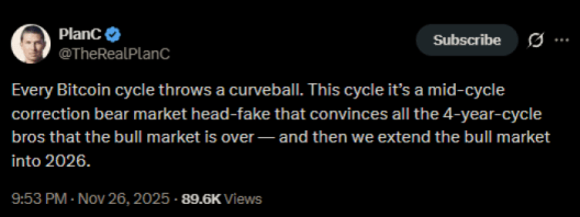 PlanC’s X post predicting a 2026 bull market.