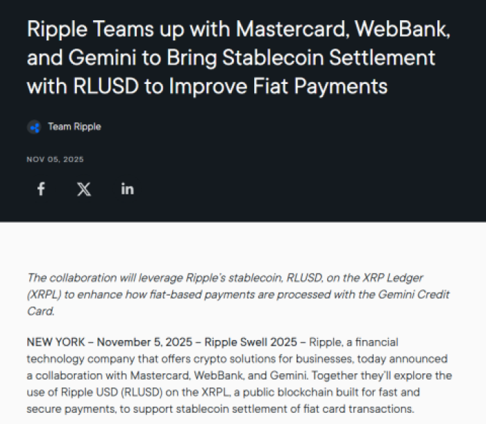 Ripple announcing its partnership with Mastercard in November.