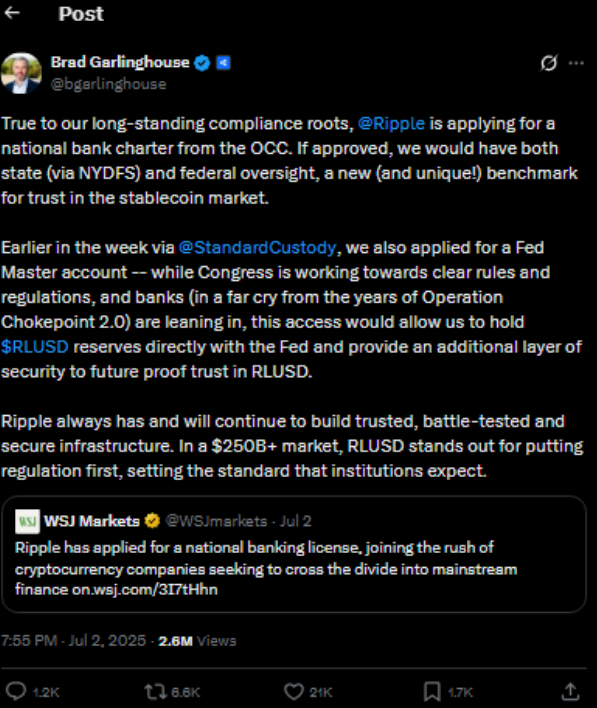 Ripple applies for banking license