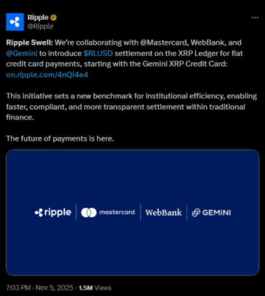 Ripple’s X post hyping up its partnership with Mastercard.