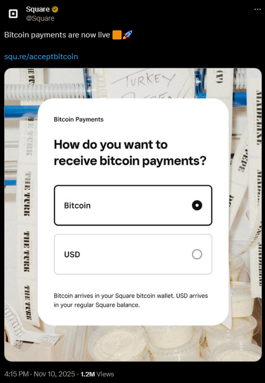 Der X-Beitrag von Square kündigt seine Bitcoin-Zahlungsfunktion an.