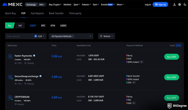 Trading dashboard on the MEXC website
