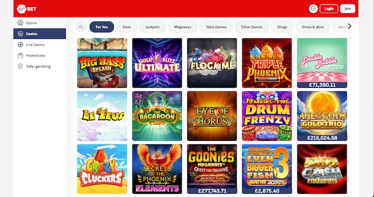 Virgin Bet Casino games page with Big Bass Splash and Secrets of the Phoenix, part of top casinos not on GamStop that accept PayPal.