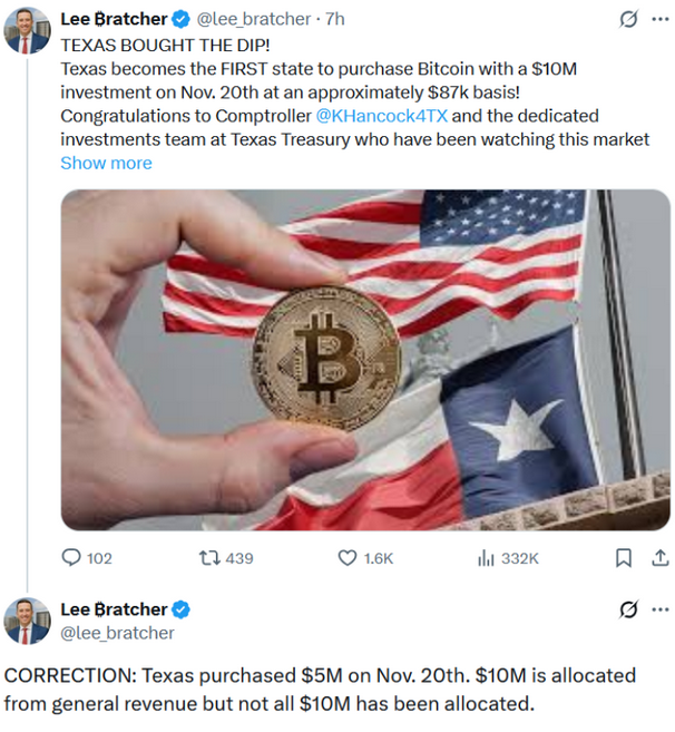 X-Beitrag, der zeigt, dass Texas den Bitcoin-Rückgang gekauft hat.
