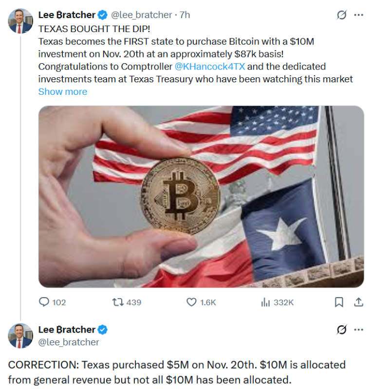 X-Beitrag, der zeigt, dass Texas den Bitcoin-Rückgang gekauft hat.
