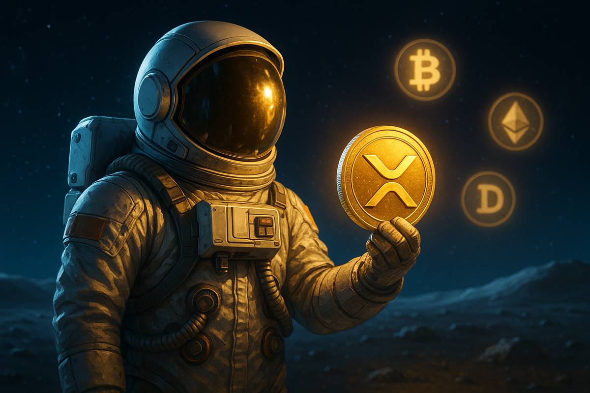 นักบินอวกาศถือเหรียญ XRP เปล่งแสง บนพื้นผิวดวงจันทร์