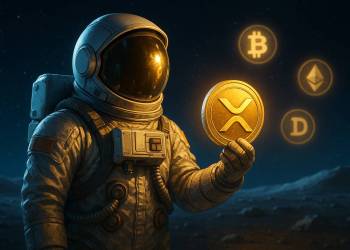 นักบินอวกาศถือเหรียญ XRP เปล่งแสง บนพื้นผิวดวงจันทร์