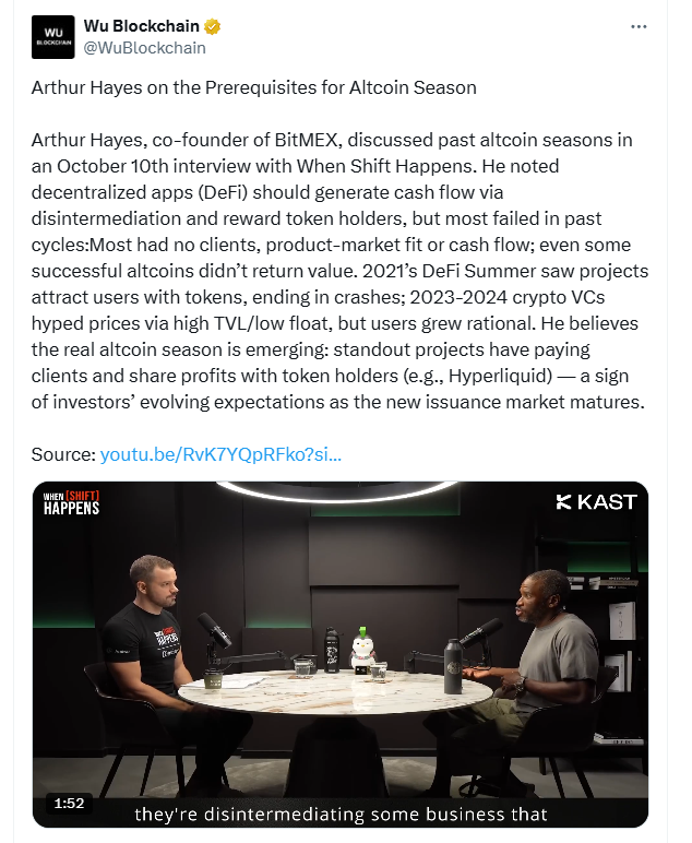 Arthur Hayes diskutiert neuen Altcoin-Zyklus.