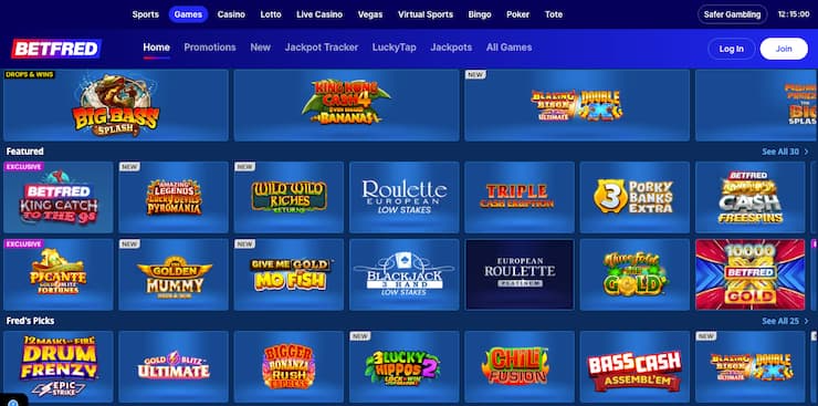 Betfred Casino slots lobby showing Big Bass Bonanza and Wild Wild Riches, a top casino not on GamStop PayPal option.