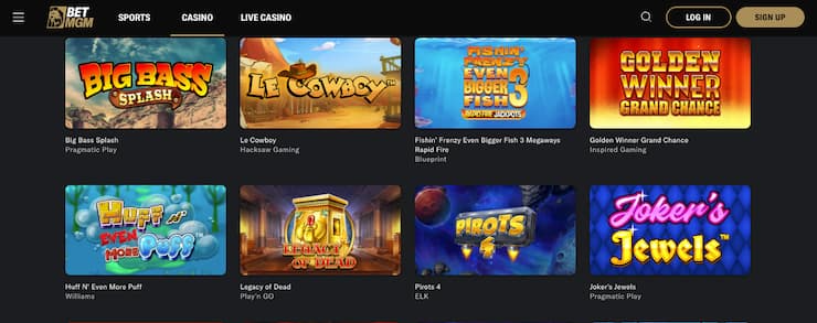 Screenshot of BetMGM Casino, one of the leading casinos not on GamStop that accept PayPal, featuring Big Bass Splash slots.