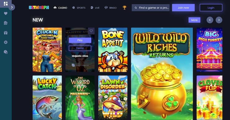 Homepage of BetMorph Casino, a PayPal casino not on GamStop UK with new slot releases and jackpots.