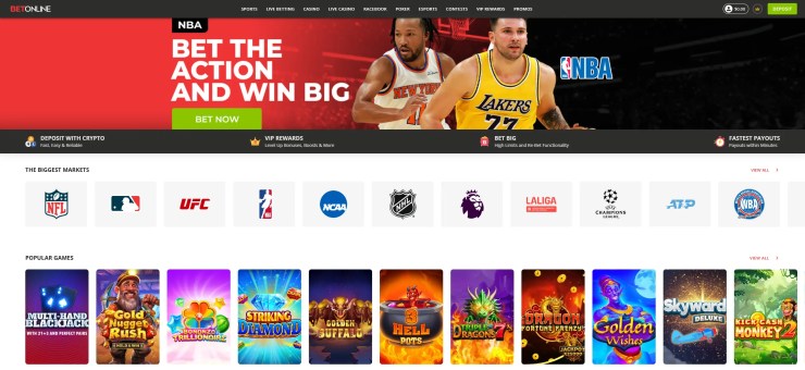 BetOnline frontpage with biggest betting markets and popular games