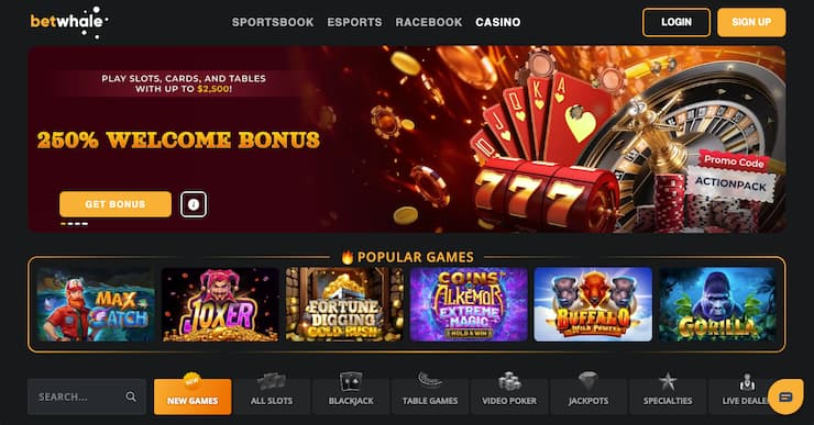 A screenshot of BetWhale Casino’s homepage showing the 250% welcome bonus banner for slots and table games — one of the best Alabama online casino sites.