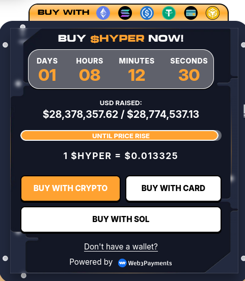 Bitcoin Hyper-Vorverkaufs-Widget, das die Erhöhung und den Token-Preis anzeigt.