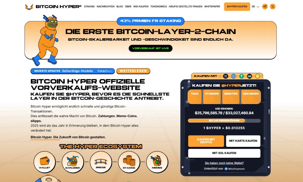Bitcoin Hyper Layer-2 Projekt im Presale mit schnellen Transaktionen, niedrigen Gebühren und Staking Belohnungen. Anleger können die offizielle Bitcoin Hyper Homepage besuchen, um mehr zu erfahren und am laufenden Presale teilzunehmen.