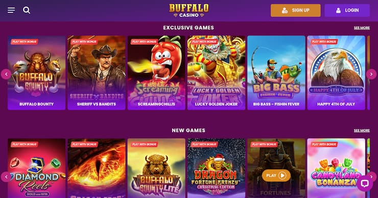 A screenshot of Buffalo Casino’s exclusive games section with vivid slot icons — one of the best Alabama casino sites for new players.