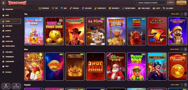 Screenshot of Dragonia online casino page with featured slots, table games, and bonuses.