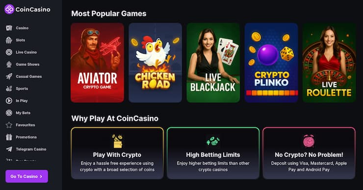 Screenshot of CoinCasino UK showing Aviator, Chicken Road, Live Blackjack, and Live Roulette — top crypto and PayPal-style casino games featured on leading PayPal casino sites UK 2025.