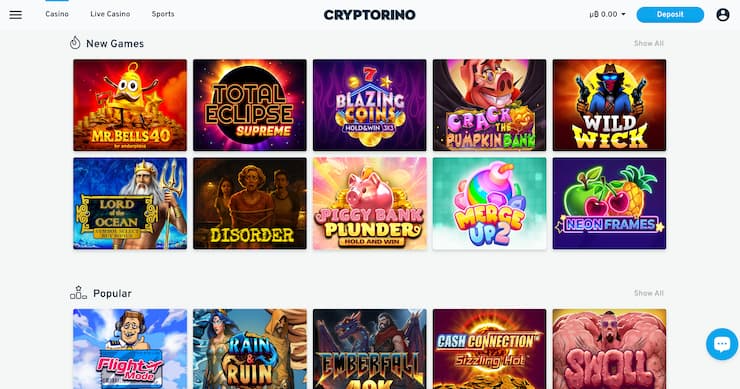 Cryptorino casino UK homepage showing live blackjack, roulette, and top crypto games — one of the best PayPal casino sites UK for 2025.
