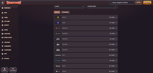 Screenshot of the Dragonia deposit page with options to add funds to a player account.