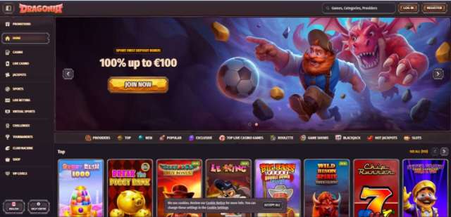 Dragonia Casino homepage displayed on a desktop screen featuring games and promotions.
