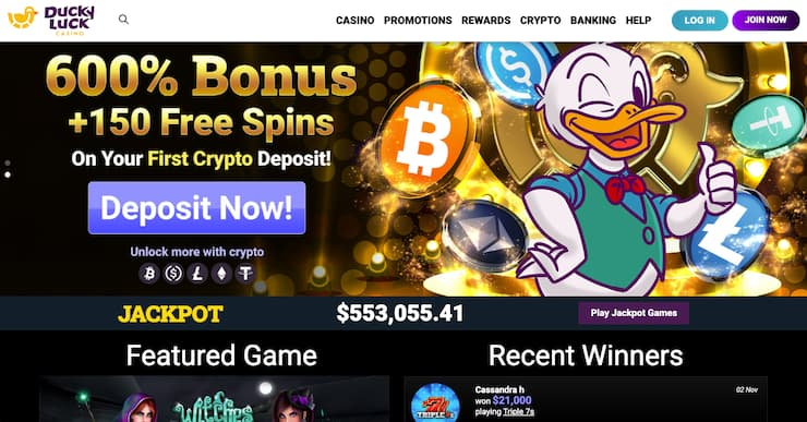 A snapshot of Ducky Luck Casino’s homepage showcasing a 600% crypto bonus and cartoon mascot — a popular real money casino in Alabama.
