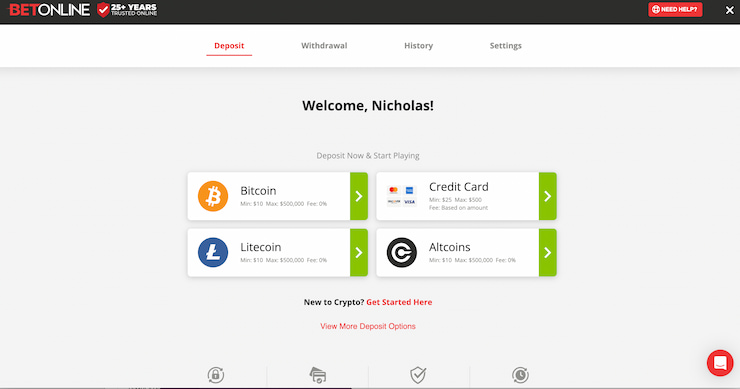Deposit funds page at BetWhale Casino highlighting credit card and crypto options for Alabama online gambling users.