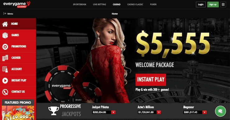 A snapshot of Everygame Casino’s red-and-black themed homepage highlighting its $5,555 bonus — a sleek option for Alabama online gambling fans.