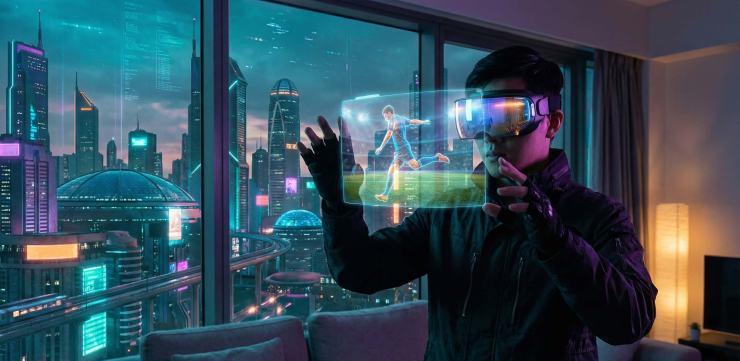 Man in VR headset watching football