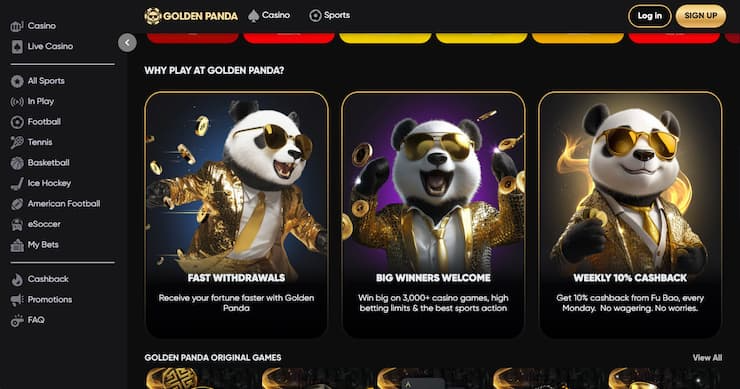 Golden Panda Casino UK homepage showcasing fast withdrawals, big winner bonuses, and weekly 10% cashback – one of the best PayPal casinos UK for quick payouts.