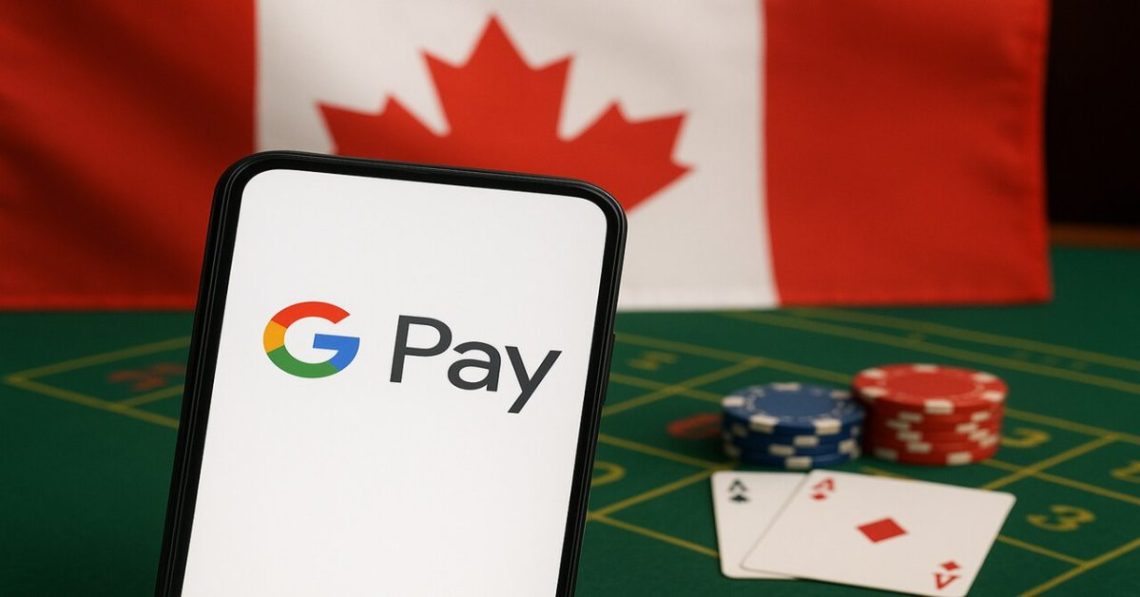 A smartphone displaying the Google Pay logo stands upright on a green casino table, with poker chips and playing cards blurred in the background and the Canadian flag hanging behind it. The image represents how players can use Google Pay at online casinos, highlighting the growing availability of Google Pay Casino Canada.