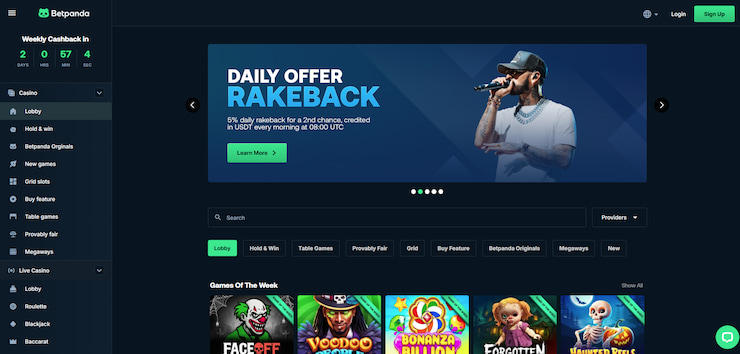 The BetPanda casino homepage showing the rakeback offer and popular games, ranked as one of the best online casinos UK.