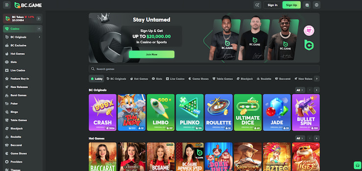 The BC.GAME casino homepage featuring the $20,000 welcome bonus banner, BC Originals and popular live dealer games.