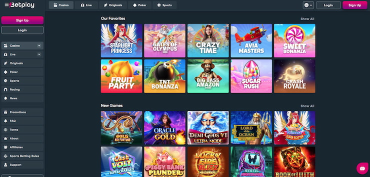 The Betplay casino homepage showing featured slots like Gates of Olympus and Fruit Party, plus new game releases.