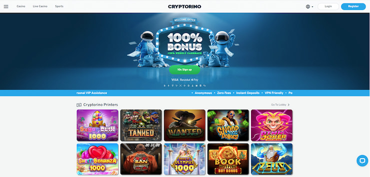The Cryptorino casino homepage showing the 100% bonus banner and featured slots like Sugar Rush and Wanted Dead or a Wild on one of the best online casinos UK.