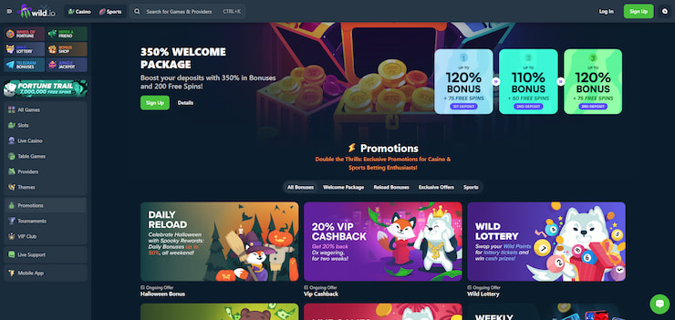 The Wild.io homepage showing the 350% welcome package banner and casino promotions including daily reload and VIP cashback offers.