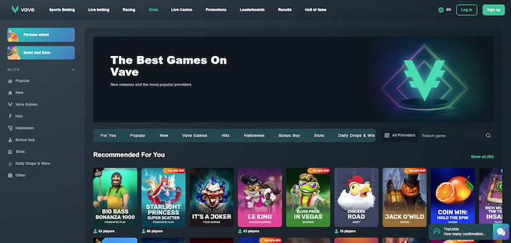 The Vave casino homepage featuring top slots, plus navigation to sports betting and live casino sections.