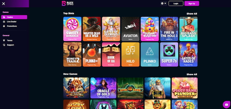 The BlockSpins casino homepage showing top slots like Sweet Bonanza, Gates of Olympus, and Aviator.