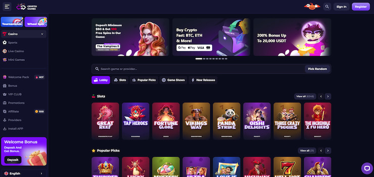 The Crypto Games casino homepage showing slot titles, with banners for crypto payments and welcome bonuses.
