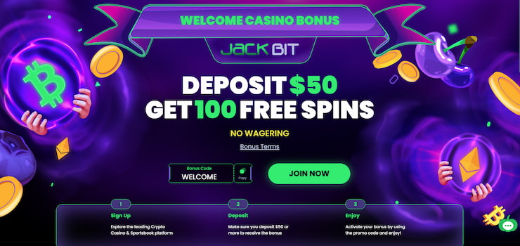 A snapshot of the Jackbit Casino page, showing the wager-free welcome offer and bonus code.