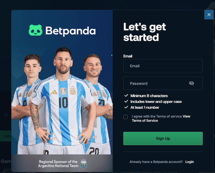 An image showing the registration screen on the BetPanda site, after clicking the Sign Up button.