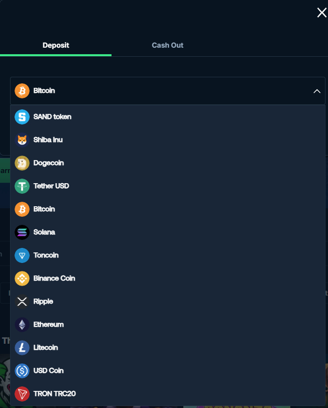 The dropdown menu showing some of the accepted cryptocurrencies on the BetPanda deposit page.
