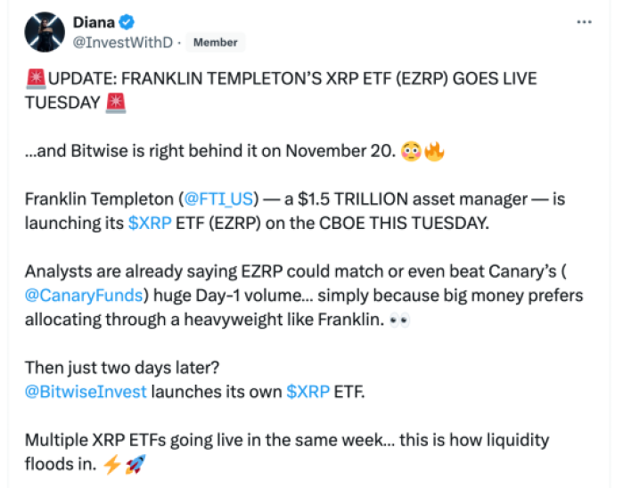 A social media post announcing that Franklin Templeton’s XRP ETF (EZRP) goes live on Tuesday, with Bitwise launching its own XRP ETF two days later.