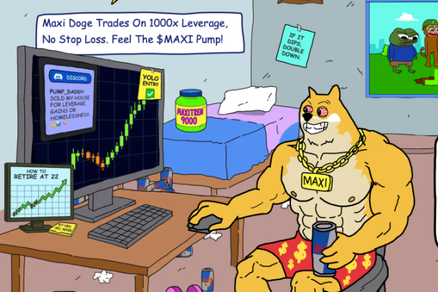 A muscular Maxi Doge wearing a “MAXI” chain, sitting at a computer desk with crypto charts showing a steep upward trend, surrounded by energy drink cans and humorous trading references.
