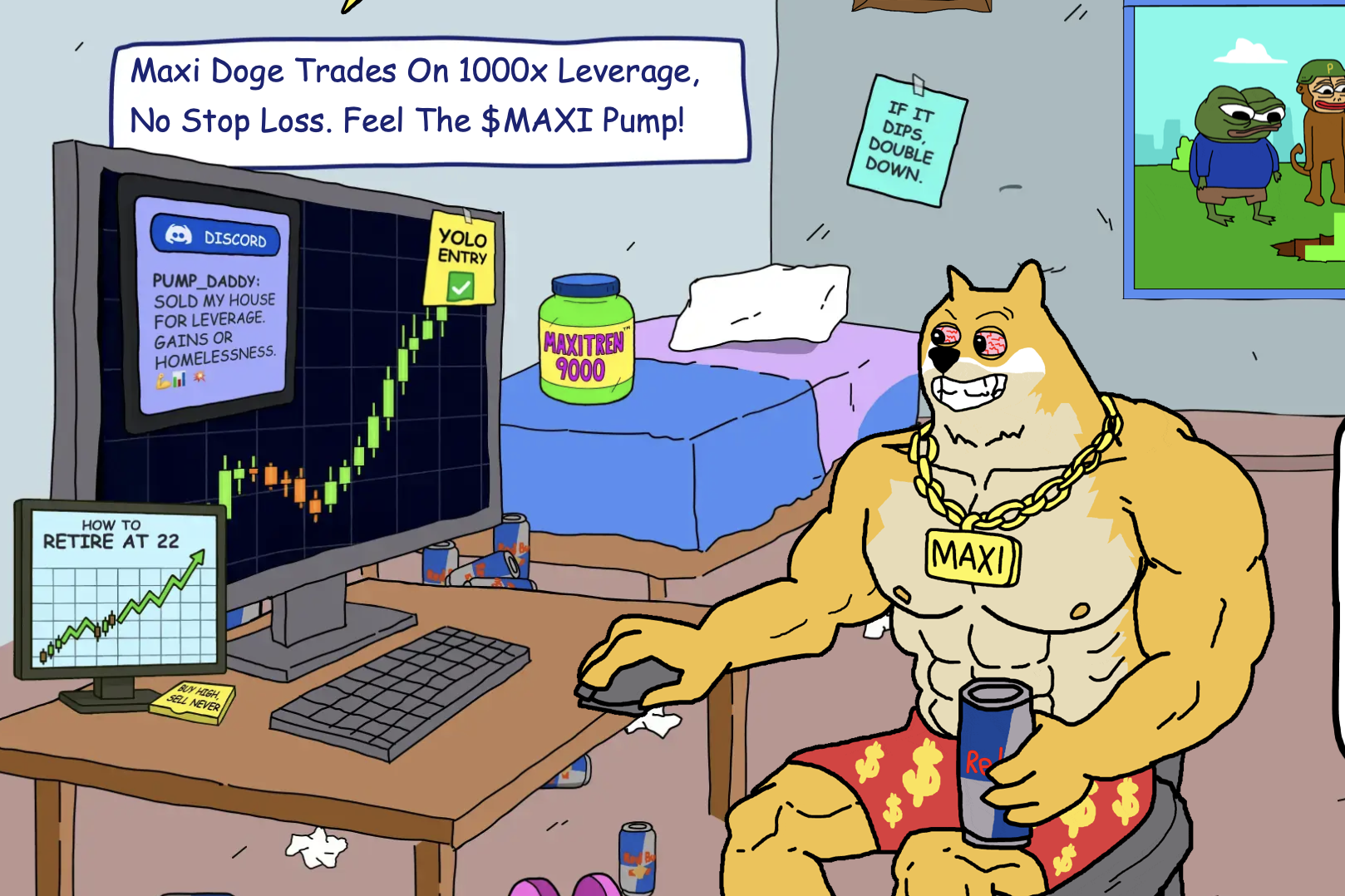 Ein muskulöser Maxi-Doge mit einer „MAXI“-Kette, der an einem Computertisch mit Krypto-Charts sitzt, die einen steilen Aufwärtstrend zeigen, umgeben von Energy-Drink-Dosen und humorvollen Handelsreferenzen.