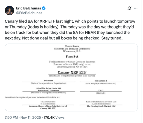 Eric Balchunas shares that Canary Capital’s Form 8-A filing for the XRP ETF could signal a potential launch this week, pending Nasdaq certification.