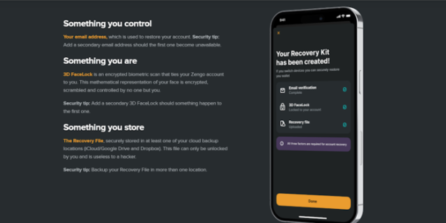 Zengo Recovery Kit setup showing three security factors.