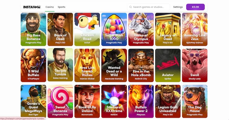 InstaSpin Casino UK games lobby showing top slots like Chicken Road and Sugar Rush 1000 — a leading PayPal casino mobile UK site with 2,000+ real money games.